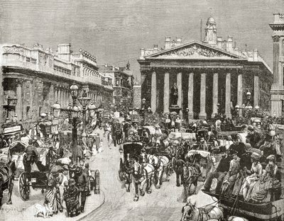 Englannin keskuspankki ja kuninkaallinen pörssi 1800-luvulla, pastori Richard Lovettin teoksesta "London Pictures: Drawn with Pen and Pencil", julkaistu 1890 tekijältä William Logsdail
