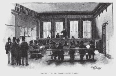Huutokauppakeskus, Tokenhouse Yard (litho) tekijältä William Luker