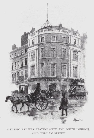 Sähkörautatieasema, City ja Etelä-Lontoo, King William Street (litho) tekijältä William Luker