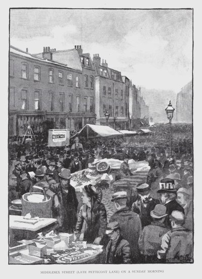 Middlesex Street, myöhäinen Petticoat Lane, sunnuntaiaamuna (litho) tekijältä William Luker