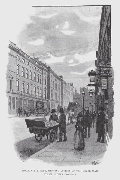 Moorgate Street, joka näyttää Royal Mail Steam Packet Companyn (litho) toimistot tekijältä William Luker