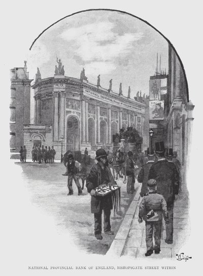 National Provincial Bank of England, Bishopsgate Street sisällä (litho) tekijältä William Luker
