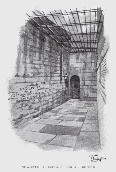 Newgate, rikollisten hautausmaa (litho) tekijältä William Luker