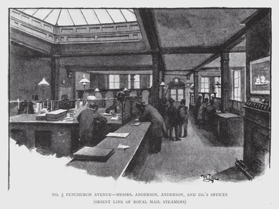 No 5 Fenchurch Avenue, herrat Anderson, Anderson ja Co:n toimistot, Orient Line of Royal Mail Steamers (litho) tekijältä William Luker