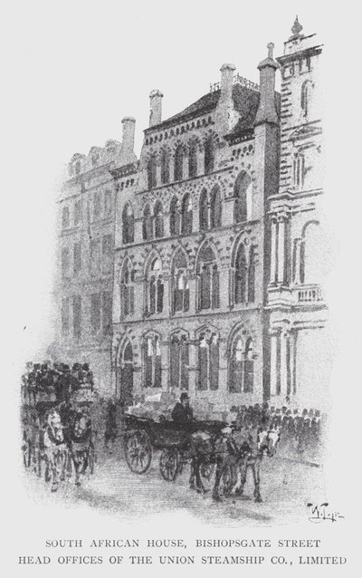 South African House, Bishopsgate Street, Union Steamship Co, Limitedin pääkonttori (litho) tekijältä William Luker