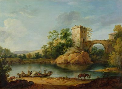 Metsäinen italialainen jokimaisema talonpoikien kanssa proomussa ja sillan takana, n. 1770 (akvarelli) tekijältä William Marlow