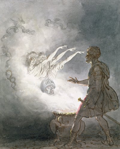 Macbeth ja aseistetun pään ilmestyminen, näytös IV, kohtaus I, elokuvasta "Macbeth", William Shakespeare (1564-1616) n. 1820 (wc, pesu, kynä ja muste paperille) tekijältä William Marshall Craig