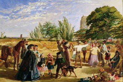 Sadonkorjuukohtaus Norfolkissa: sketsi "Hello Largesse", 1861 tekijältä William Maw Egley