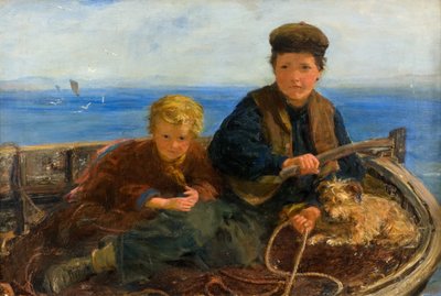Kaksi poikaa ja koira veneessä, n. 1871 (öljy kankaalle) tekijältä William McTaggart