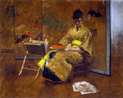 Tyttö japanilaisessa mekossa. Kimono n. 1887. tekijältä William Merritt Chase