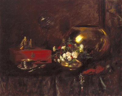 Natureza morta: tigela de latão (óleo sobre tela) finlandês tekijältä William Merritt Chase