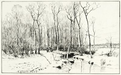 Nimetön, talvimaisema (kynä ja muste paperille) tekijältä William Merritt Chase