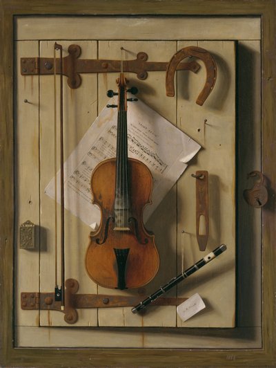 Asetelma, viulu ja musiikki tekijältä William Michael Harnett