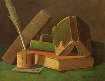 Asetelma kirjoilla ja musteella hyvin tekijältä William Michael Harnett