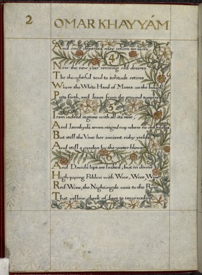 (Koko folio) Omar Khayyamin Rubaiyat, säkeet 4-6. Kalligrafisesti kirjoitettu ja koristeltu William Morrisin toimesta, lehtien ja kukkien reunukset. tekijältä William Morris