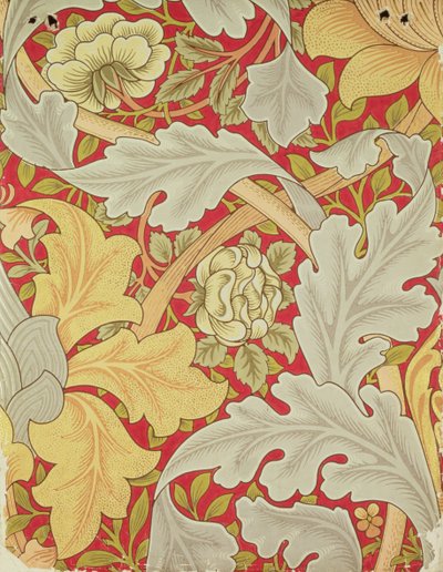 Acanthus-lehdet ja villiruusu karmiininpunaisella taustalla, tapettisuunnittelu tekijältä William Morris