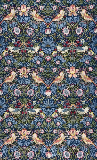 Mansikkavaras. Koristeellinen kangas. 1883 tekijältä William Morris
