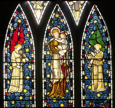 Madonna ja lapsi ja kaksi enkeliä, yksityiskohta ylemmästä puoliskosta Enkelit ikkunan, 1869 lasimaalauksia yksityiskohta 120165 tekijältä William Morris