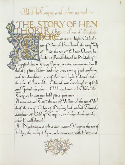 Ms 270* f.1r Hen Thoririn tarina, noin 1873-4 (paperi). tekijältä William Morris