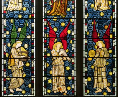 Musical Angels, yksityiskohta Angels-ikkunan alaosasta, 1869, lasimaalaukset, yksityiskohta 120165:stä. tekijältä William Morris