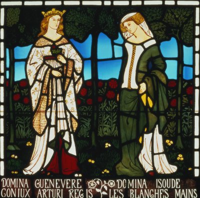 Kuningatar Guinevere ja Valkoisten käsien Isolde, teoksesta "The Story of Tristan and Isolde", William Morris ja Co., 1850 (lasimaalauksia). tekijältä William Morris