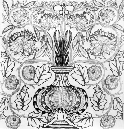 "The Flower Pot", William Morrisin (1834-96) suunnittelema ja May Morrisin toteuttama kirjailtu paneeli (s/w-kuva). tekijältä William Morris