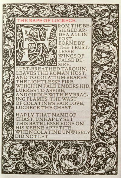 Lucrecen raiskaus, Kelmscott Pressin julkaisemasta "The Poems of William Shakespeare" tekijältä William Morris