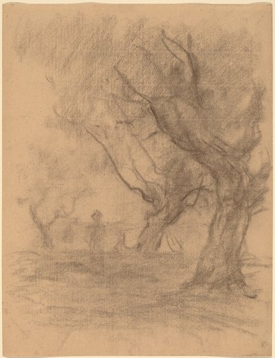 Nainen seisoo kahden puun alla tekijältä William Morris Hunt