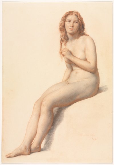 Nainen alaston, istuva, kolme neljäsosaa näkymä edestä tekijältä William Mulready