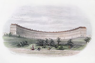 Royal Crescent, Bath, puistosta, kaiverrus J. Shury, n. 1840 tekijältä William N. Hardwick of Bath