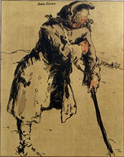 John Silver, kuvitus artikkelista "Characters of Romance", julkaistu ensimmäisen kerran 1900 (värilitho) tekijältä William Nicholson