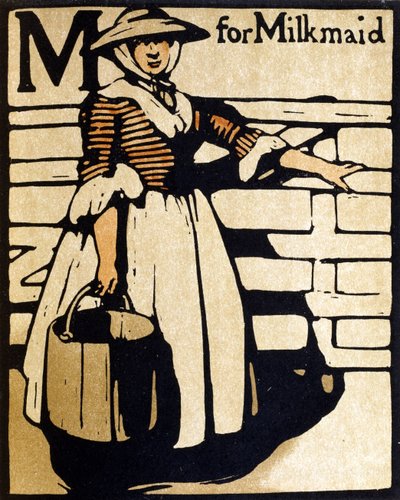 M for Milkmaid, kuvitus julkaisusta "An Alphabet", julkaisija William Heinemann tekijältä William Nicholson