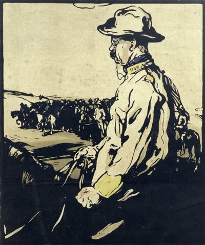 Presidentti Theodore Roosevelt, kuvitus teoksesta "Twelve Portraits", julkaistu 1899 (käsinvärinen puupalikka) tekijältä William Nicholson