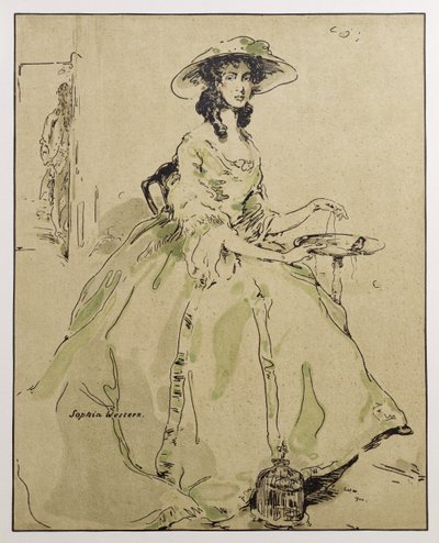Sophia Western, kuvitus artikkelista "Characters of Romance", julkaistu ensimmäisen kerran 1900 (värilitho) tekijältä William Nicholson