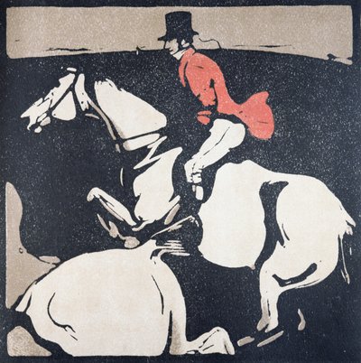 Tammikuu: Metsästys, "Kahdentoista urheilulajin almanakista", Rudyard Kiplingin sanoilla, ensimmäisen julkaisija William Heinemann tekijältä William Nicholson