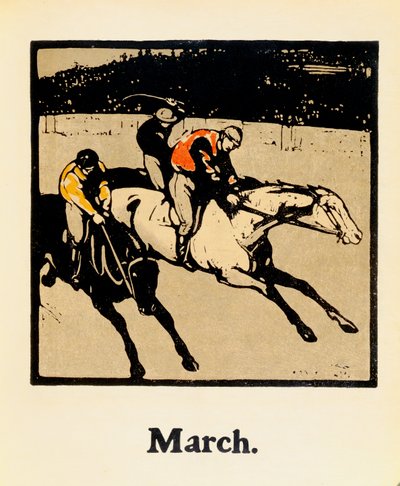 Maaliskuu, kirjasta An Almanac of 12 Sports, Rudyard Kiplingin sanoilla, ensimmäisen julkaisija William Heinemann tekijältä William Nicholson