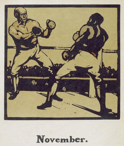 Marraskuun kuukausi julkaisusta An Almanac of 12 Sports, Rudyard Kiplingin sanoilla, ensimmäisen julkaisija William Heinemann tekijältä William Nicholson