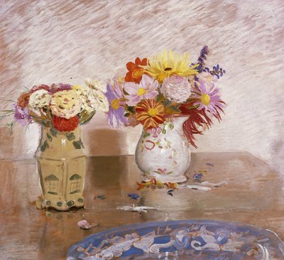 Dos gerros de flors i un plat blau tekijältä William Nicholson