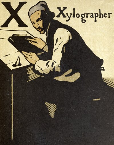 X Xylographerille, kuvitus julkaisusta "An Alphabet", julkaisija William Heinemann tekijältä William Nicholson