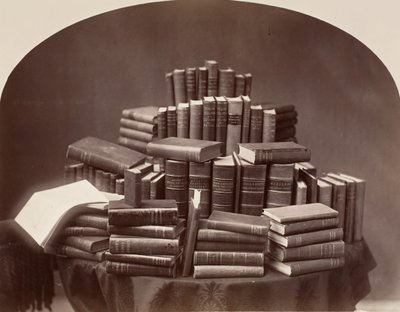 Asetelma kirjojen kanssa, 1870-80-luvut. tekijältä William Notman.