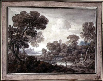 Klassinen maisema, n. 1770 (kynä ja muste ja akvarelli paperille) tekijältä William Oram
