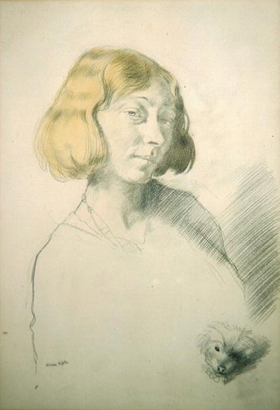 Vera Hone ja hänen koiransa, n. 1912 (kynä ja pesu paperille) tekijältä William Orpen