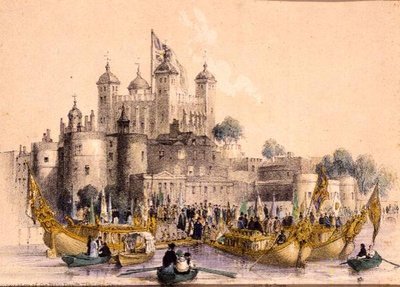 Oikeuden alukselle tulo Hon. Lord Mayor Lontoon Towerissa (litho) tekijältä William Parrott