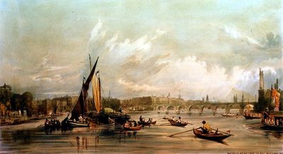 Waterloon silta lännestä ja venekilpailu (litografia). tekijältä William Parrott