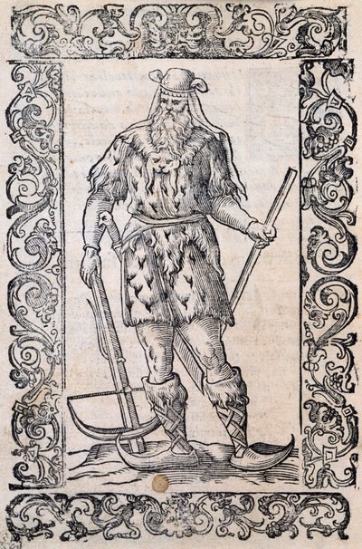 Mies, jolla on turkismekko, varsijousi ja kierrekärkiset kengät (esimerkki alkeellisista suksista), Cesare Vecelliolle (1521-1601) liittyvä kuva, julkaistu Italiassa 1500-luvulla tekijältä Nicolas Toussaint Charlet