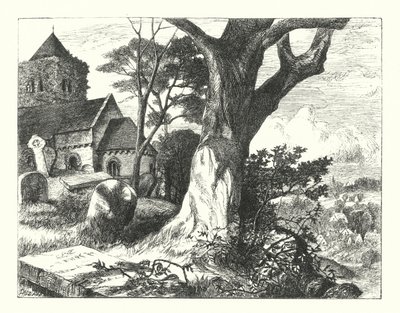 Kylän kirkkopiha (kaiverrus) tekijältä William Paton Burton
