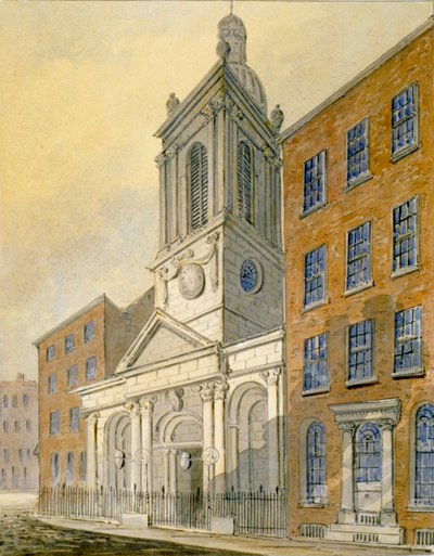 Koillisnäkymä St Peter-le-Poerin kirkolle ja Old Broad Streetille, Lontoon City, 1815 tekijältä William Pearson
