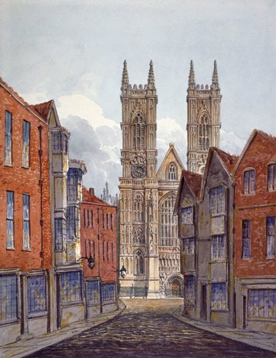 Näkymä Westminster Abbeyn länsipäästä, katsottuna Tothill Streetiltä, Lontoo, c1815 tekijältä William Pearson