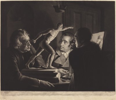 Kolme henkilöä katselemassa Gladiaattoria kynttilänvalossa tekijältä William Pether after Joseph Wright