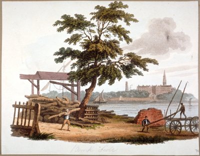 Mutta puutavaran siirtäminen Banksidessa, Southwarkissa, Lontoossa, c1810 tekijältä William Pickett